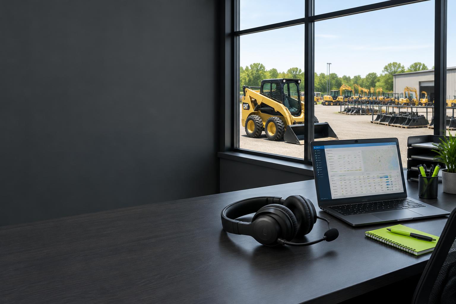 Headset and workstation overlooking an operations yard